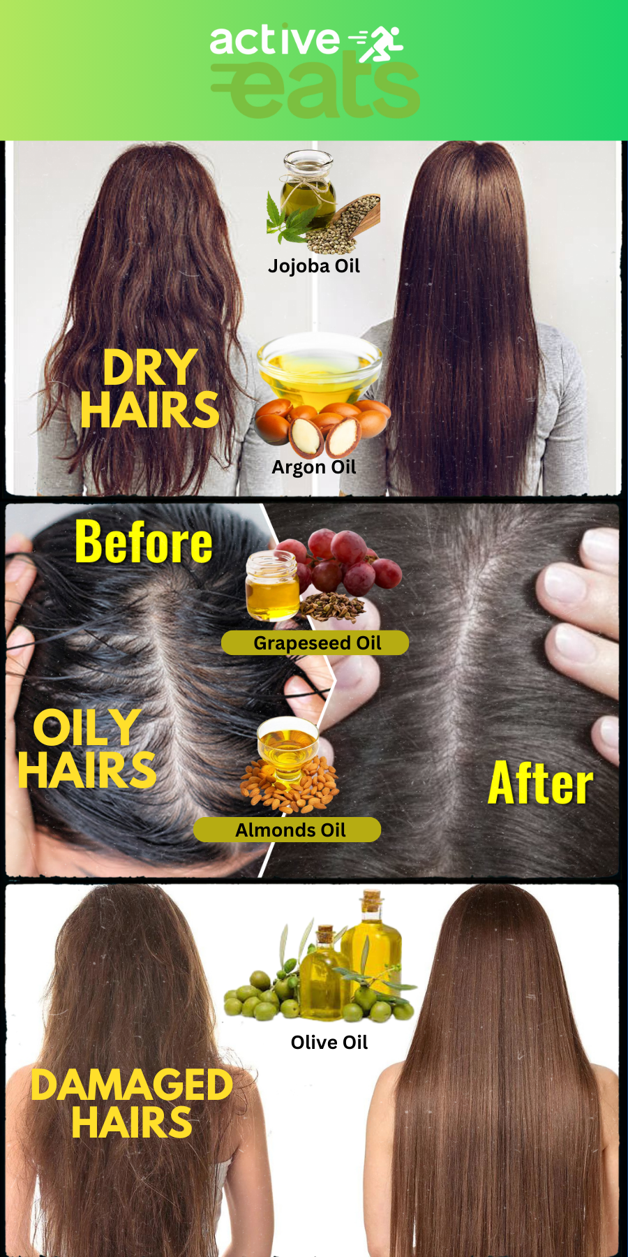 Image of a girl with dry hairs and using argon oil and jojoba oil for silky smooth hairs, and girl with oily hairs using grapeseed oil and almond oil for silky hairs and girl with damaged hairs using oilve oils for beautiful hairs.