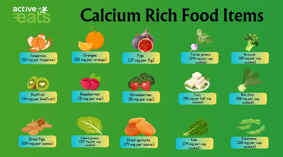 Here are the top 10 calcium-rich foods: Dairy Products (e.g., milk, yogurt, cheese) Leafy Greens (e.g., kale, collard greens, spinach) Sardines Tofu Fortified Plant-Based Milk (e.g., almond, soy, or rice milk) Sesame Seeds Almonds Canned Salmon (with bones) Chia Seeds Oranges