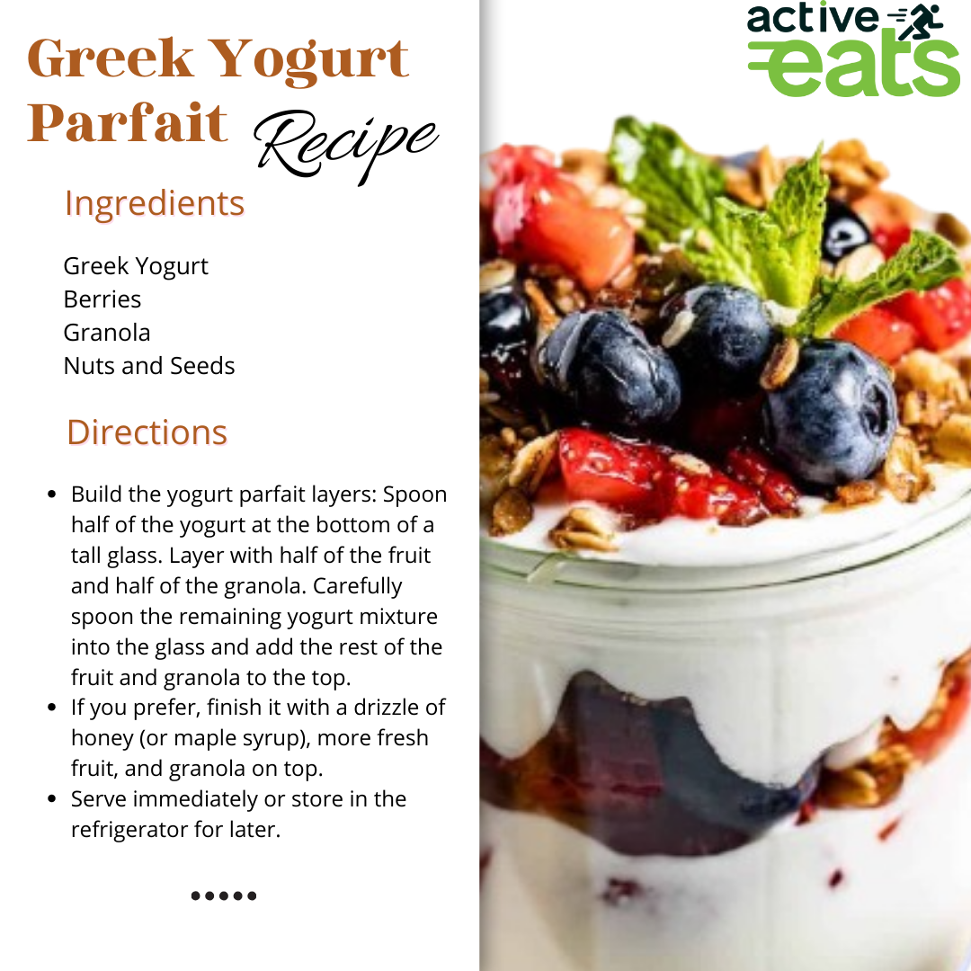 A Greek yogurt parfait is a nutritious and delicious snack or breakfast option. It's rich in protein for muscle maintenance, probiotics for digestive health, and vitamins and minerals. The combination of yogurt, fruits, and granola offers a balance of nutrients and fiber for sustained energy and overall well-being.