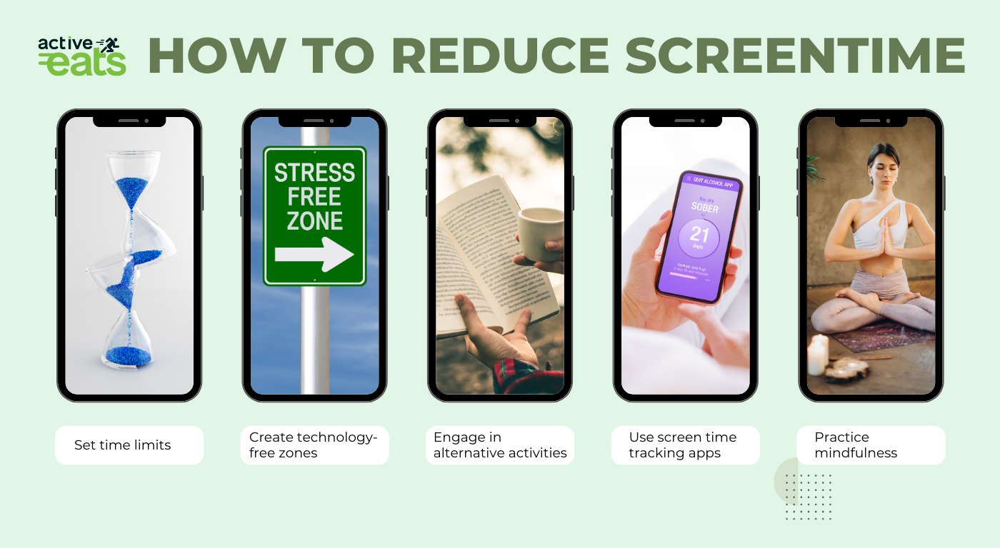 Image: A visual guide featuring five strategies for reducing screen time. Each strategy is depicted with icons or illustrations and includes turning off devices during breaks, setting screen time limits, engaging in outdoor activities, practicing digital detox, and creating screen-free zones. This image provides a quick reference for decreasing screen time.