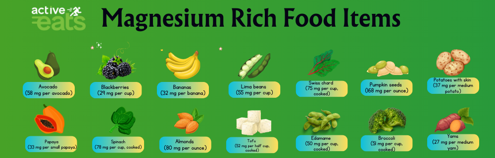 Here are the top 10 magnesium-rich foods: Almonds Spinach Cashews Dark Chocolate (70-85% cocoa) Avocado Pumpkin Seeds Black Beans Quinoa Tofu Whole Grains (e.g., brown rice, oats)