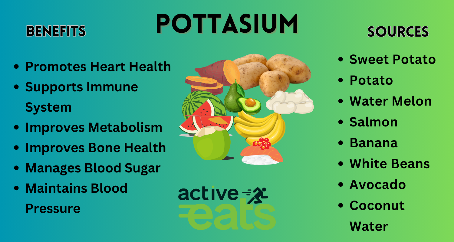  Potassium is essential for maintaining healthy blood pressure, muscle and nerve function, and proper heart rhythm. Good dietary sources of potassium include bananas, sweet potatoes, spinach, beans, and oranges. Adequate potassium intake supports overall cardiovascular and neuromuscular health.