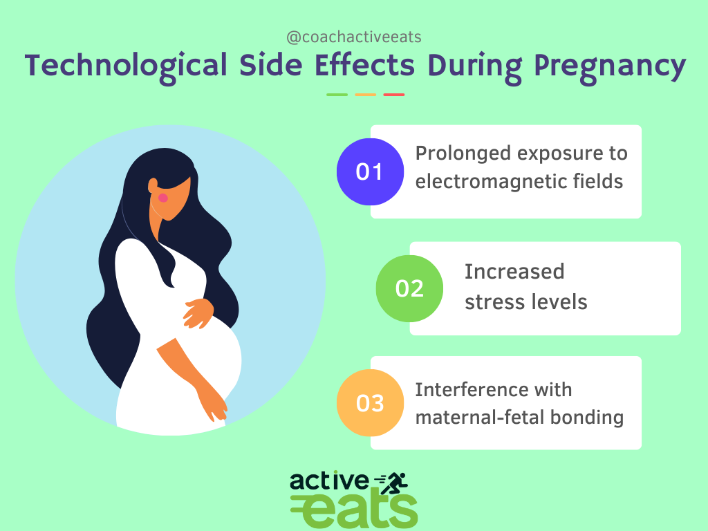 Image: A graphic illustrating three potential technological side effects during pregnancy. Each effect is symbolized by icons or illustrations and includes radiation exposure concerns, increased screen time, and disrupted sleep patterns. This image visually conveys the possible technological-related challenges pregnant individuals may face.