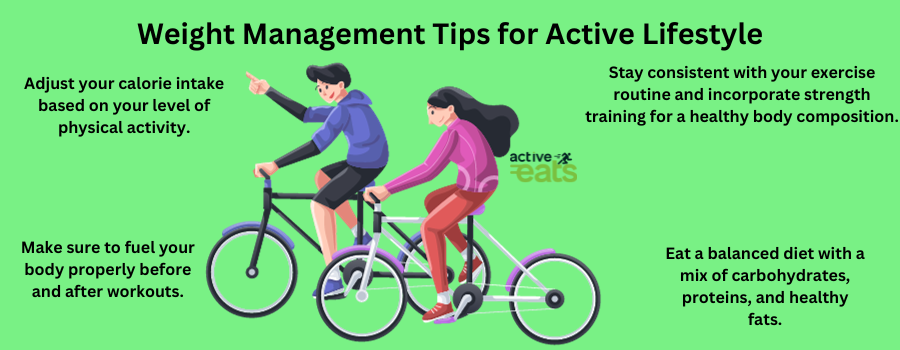 Image: A visual guide presenting weight management tips for those with an active lifestyle, offering advice on how to effectively maintain a healthy weight while staying physically engaged