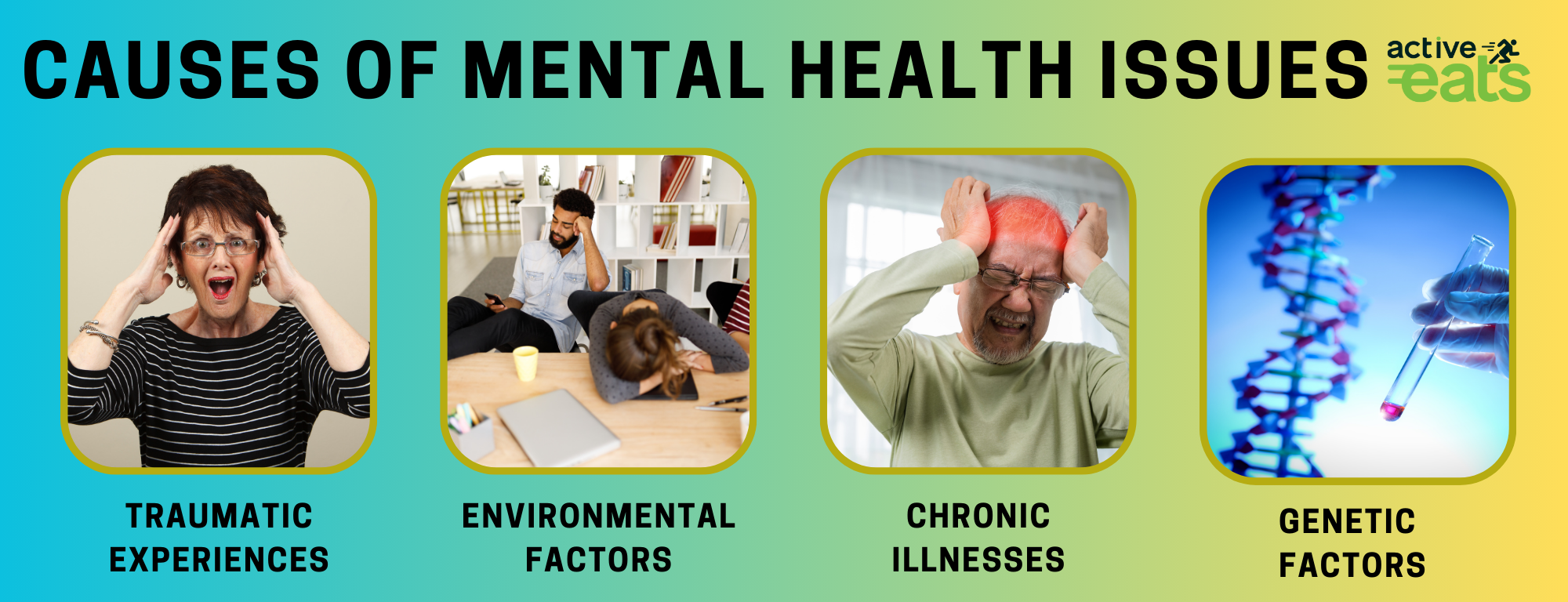 Image showing common mental health problems which are traumatic experiences, environmental factors, chronic illness and genetic factors