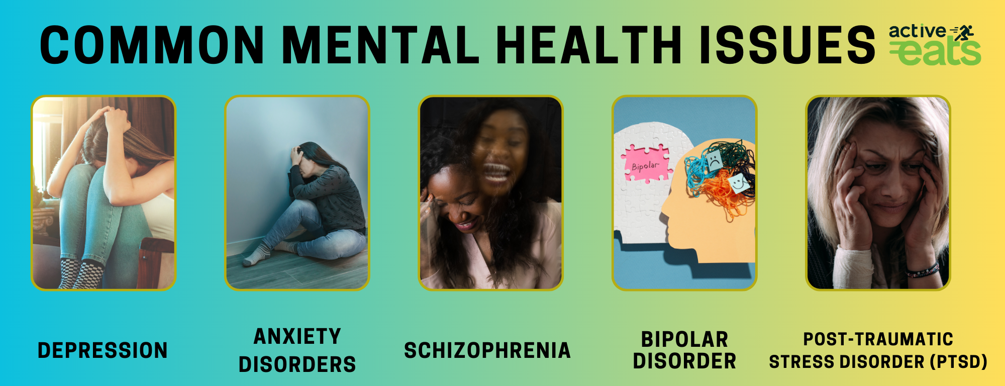 Image showing common mental health issues like girl in depression, girl experiences anxiety, schizophrenic experiences of a girl, bipolar disorder graphic image of human head and post traumatic stress disorder of a woman holding her head 