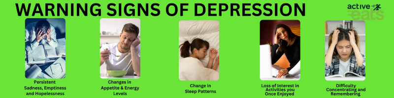 Visual representation of common warning signs of depression, including persistent sadness, withdrawal from social activities, changes in sleep and appetite, lack of energy, and diminished interest in daily life.