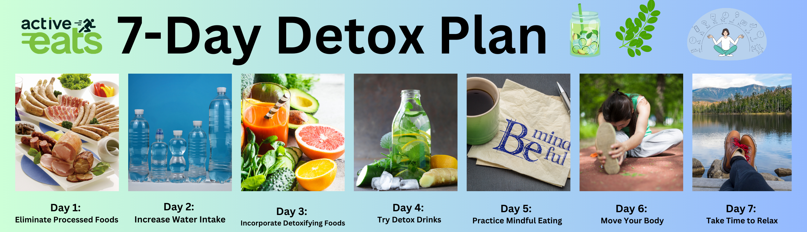 Image: A colorful and appealing infographic representing a 7-Day Detox Plan. The infographic displays a week-long calendar with daily sections, each containing icons representing healthy food, exercise, hydration, and relaxation. It conveys a sense of vitality and well-being, encouraging a balanced and healthy lifestyle.