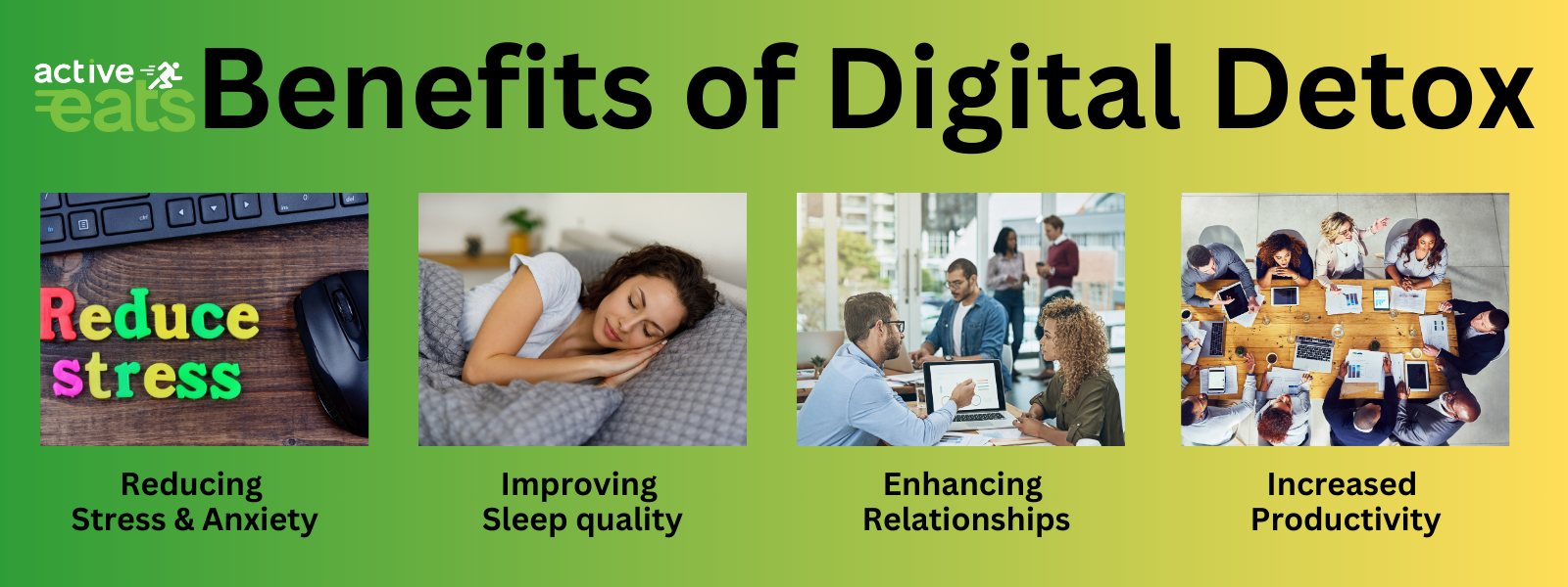 Image: A visual representation of the top 4 benefits of a digital detox. The graphic includes concise text and corresponding icons, showcasing the advantages, which include reduced stress, improved sleep, enhanced productivity, and increased real-life connections. This visual aids in quickly understanding the positive outcomes of disconnecting from digital devices.