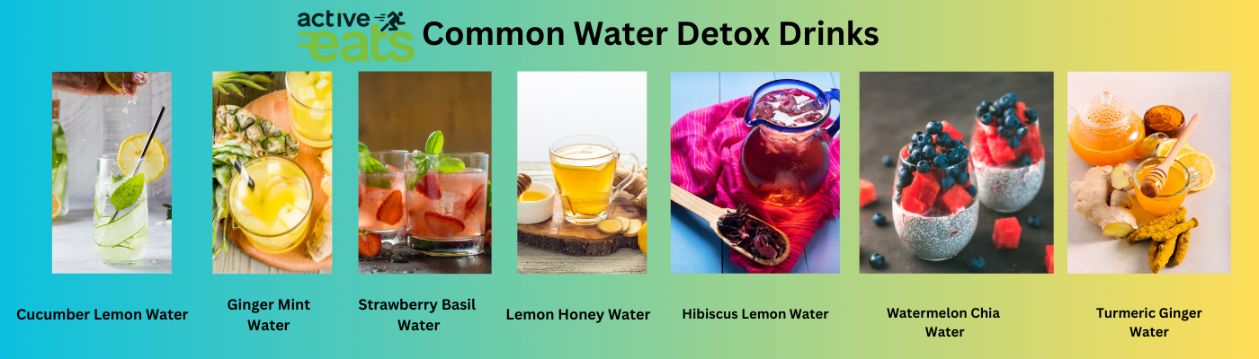 Image: A visual collage showcasing seven common water detox drinks. Each drink is presented with its ingredients, and the array includes lemon water, cucumber and mint water, ginger and lime infused water, apple cider vinegar water, strawberry and basil water, blueberry and orange water, and aloe vera water. This image provides a quick reference to popular water detox recipes for a healthier lifestyle."