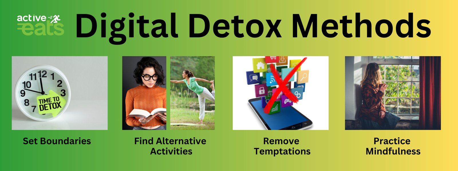 Image: A visual representation of the top 8 digital detox methods. The image features text and icons representing the methods, including setting screen time limits, practicing mindfulness, disconnecting from devices, engaging in outdoor activities, pursuing hobbies, limiting social media, having tech-free meals, and getting quality sleep. This image serves as a quick reference for strategies to disconnect from the digital world for improved well-being."
