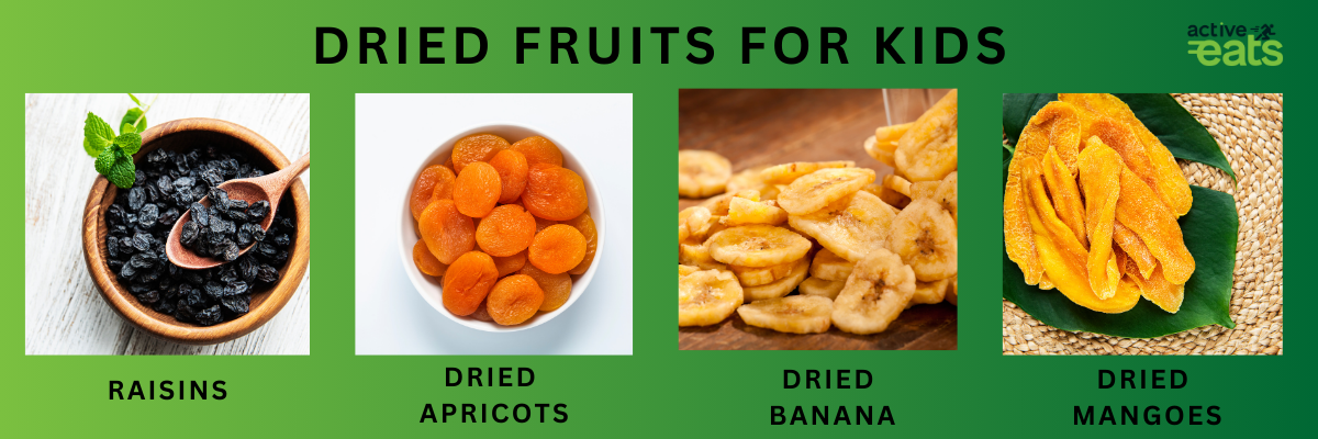 Image shows Dried Fruits that Kids will love. Some of them are dried apricots, dried banana, dried mangoes and Raisins.