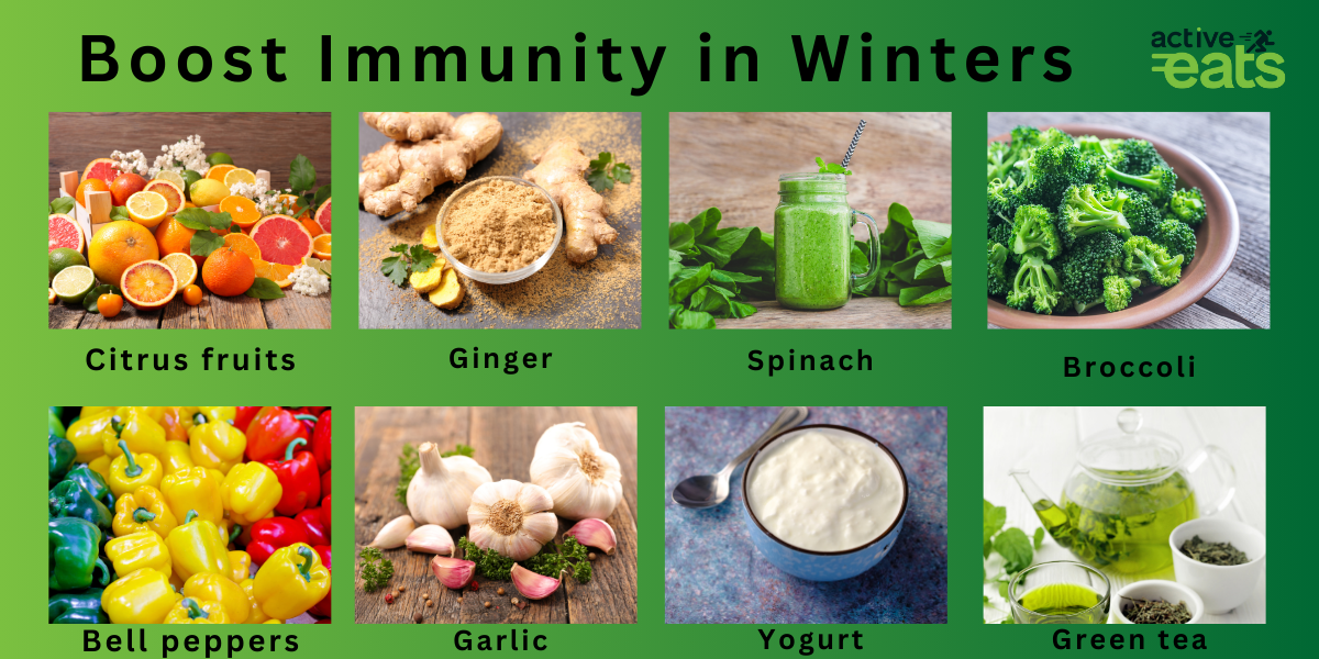 image showing Foods that Boost Immunity in Winters such as citrus fruits, ginger, garlic, spinach, broccoli, bell peppers yogurts and green tea.