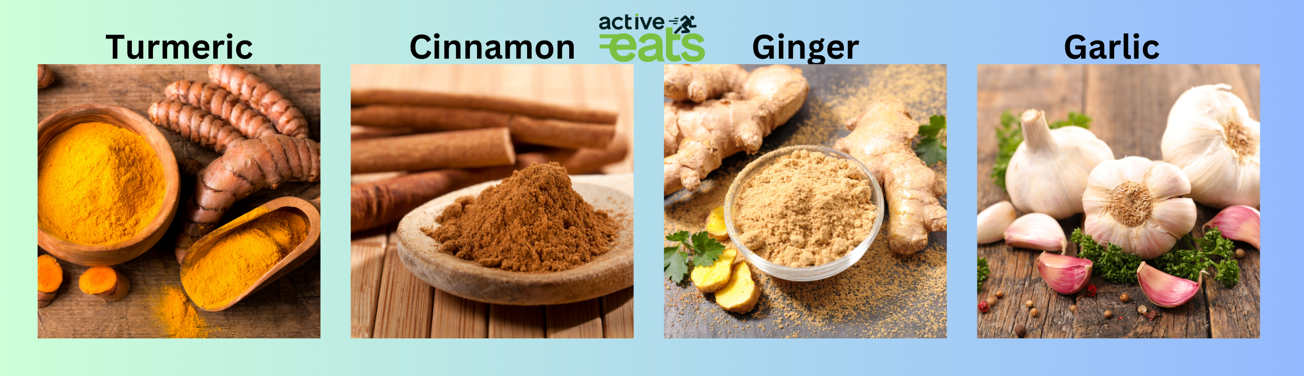 Pictures of cinnamon, ginger, turmeric and garlic.