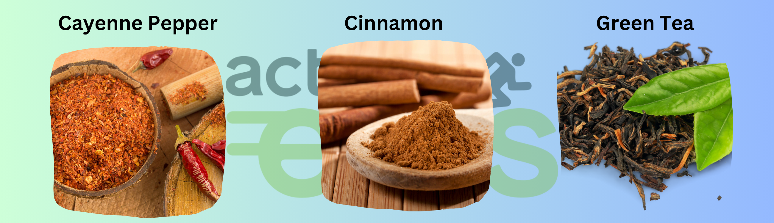 Picture of cayenne pepper , cinnamon, and green tea.