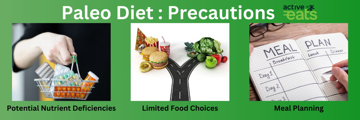 picture shows the precautions that need to be checked while preferring paleo diet which are limited food choices, chances of nutrient deficiencies and need for meal planning for lessening the effects of nutrient deficiencies from not eating certain food.