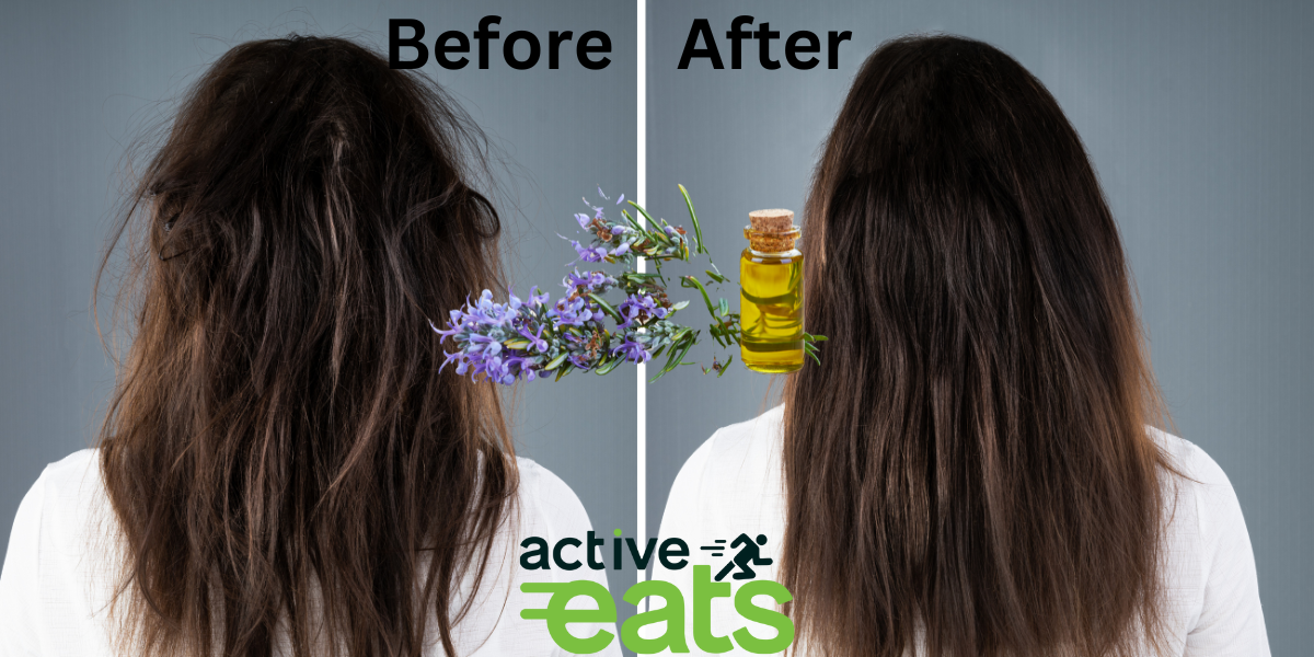 Image shows before and after picture of using rosemary oil. before picture is of messy, entangled hairs, and after picture is of clean, smooth silky hairs.