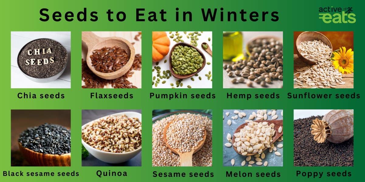 image showing pictures of top 10 Seeds to Eat in Winters which are pumpkin seeds, flax seeds, sesame seeds, poppy seeds, hemp seeds, quinoa, melon seeds, Black sesame seeds and sunflower seeds.