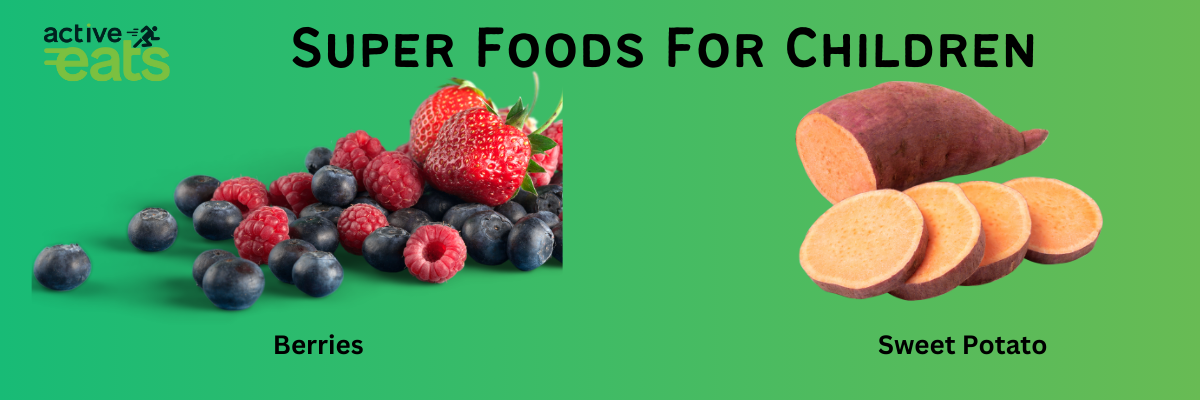 Image represents two most common superfoods that children loves which are various types of berries and sweet potato.