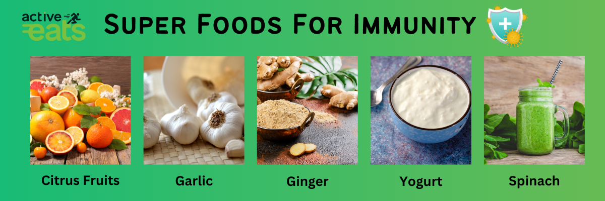 image shows Super Foods For Immunity which are garlic, ginger, yogurt, spinach and citrus fruits