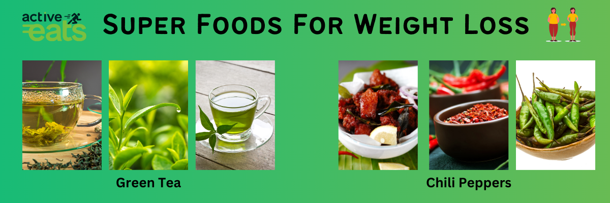 image shows Super Foods For Weight Loss which are green teas and various chilly pepper.