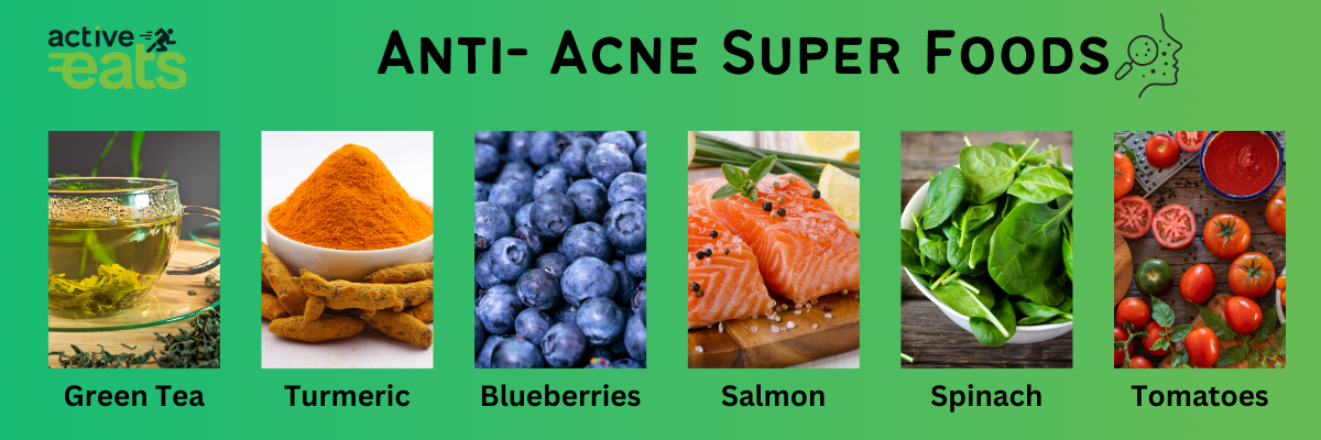 Image Showing anti acne super foods which are turmeric, green tea, salmon, blueberries, spinach and tomatoes.