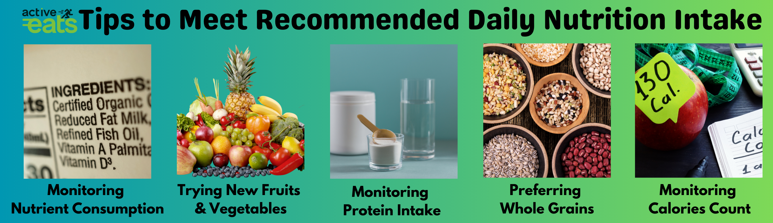 image showing tips recommended daily nutrition intake . monitoring nutrient consumption, trying new vegetable and fruits, monitoring protein intake, preferring whole grain and monitoring calories count.