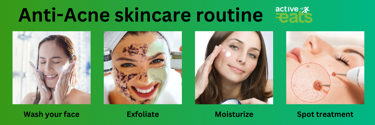 Image shows anti-acne skincare routine which includes daily washing of face, moisturizing and exfoliating your skin and spot treatment