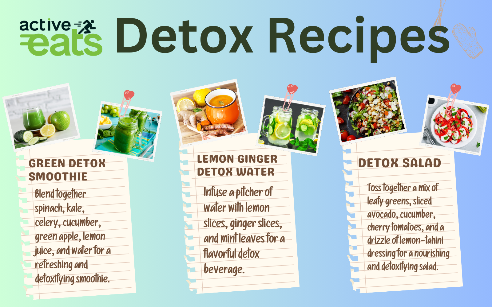 image: A visual representation of the top 3 detox recipes. The image showcases text and appealing food icons for a green smoothie, a quinoa and vegetable salad, and a berry-infused water. These recipes are geared toward detoxification and improving overall health. This image serves as a quick reference for delicious and nutritious detox meal ideas.