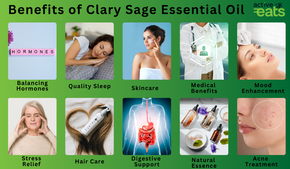 image shows the Benefits of Clary Sage Essential Oil which are: skin care, hair care, better sleep, better digestion, Balancing Hormones, stress relief, anti bacterial and anti microbial properties