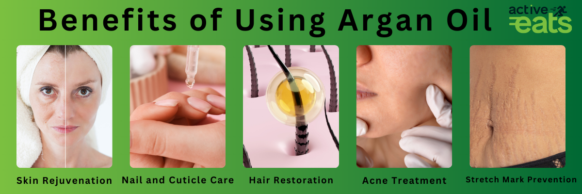 picture shows the various benefits of using argan oil which are hair restoration, acne mark removal, Skin Rejuvenation, Nail and Cuticle Care and Stretch Mark Prevention