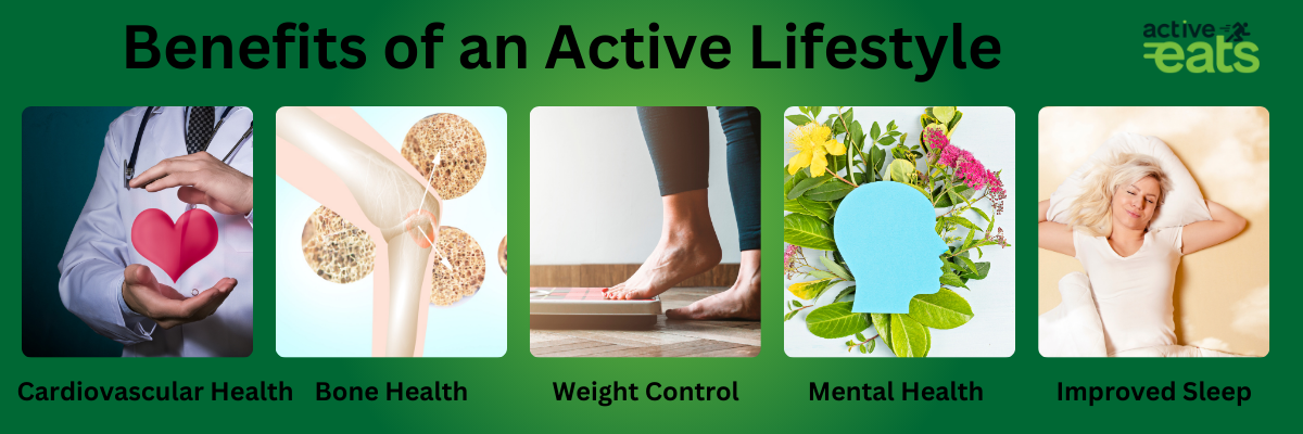 picture shows the benefits of active lifestyle which are weight control, better brain health, better sleep, better mental health, better cardiovascular health, and better bone health 
