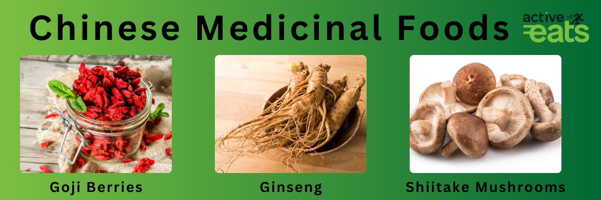 picture showing various Chinese Medicinal Foods like Goji Berries:, ginseng and shiitake mushrooms