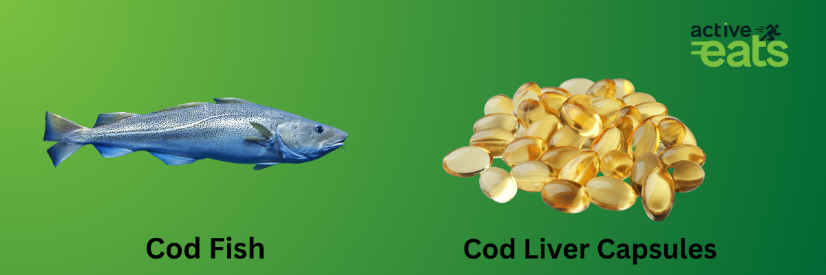 picture shows cod fish on one side and cod liver fish oil tablets on other side. Image represents numerous cod liver oil benefits that it offers.
