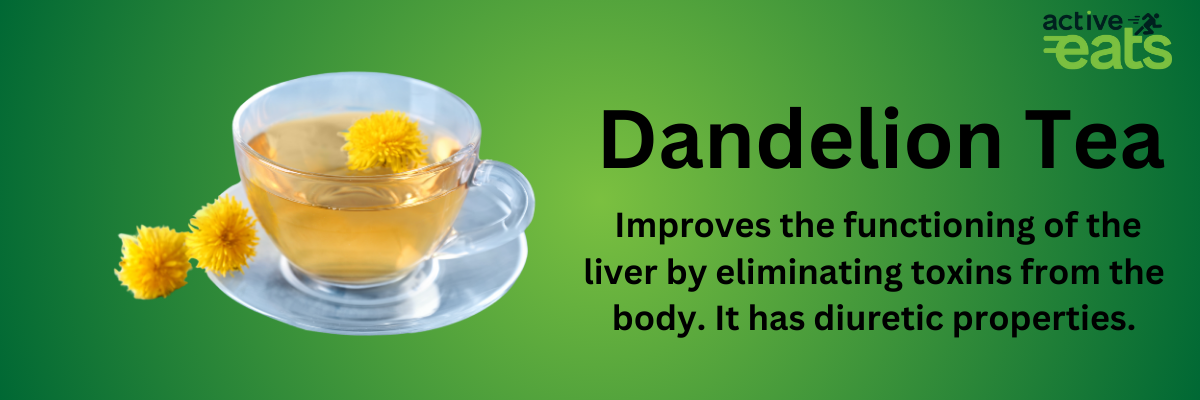 Image showing Dandelion Tea on left side and its benefits on right side that it improves the functioning of the liver by eliminating toxins from the body. It has diuretic properties.