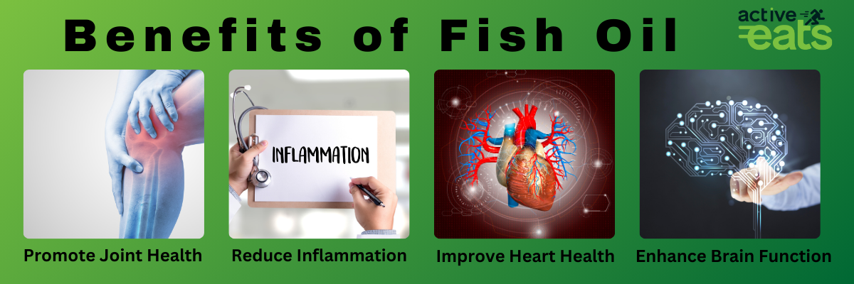 picture shows fish oil benefits which are improved heart health, better brain function, less inflammation and improved joint health