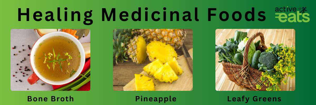  picture showing various Healing Medicinal Foods like turmeric, pineapple and aloe vera