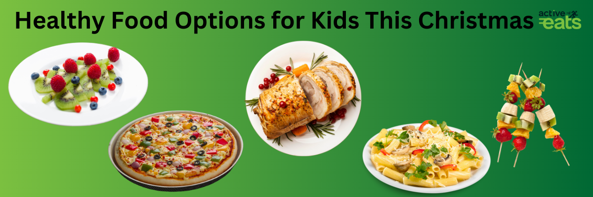 Image shows Healthy foods to try this Christmas for your kids like Pasta with whole wheat, fruits, turkey and homemade pizza