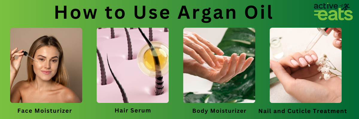 image showing the method to use argan oil. argan oil can be used as body moisturizer, it can be used as hair serum, Face Moisturizer and for Nail and Cuticle Treatment