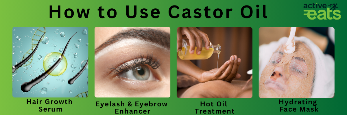 Picture shows the usage of castor oil as it helps in Hair Growth , eyebrows and eyelashes growth, Hot Oil Treatment and Hydrating Face Mask