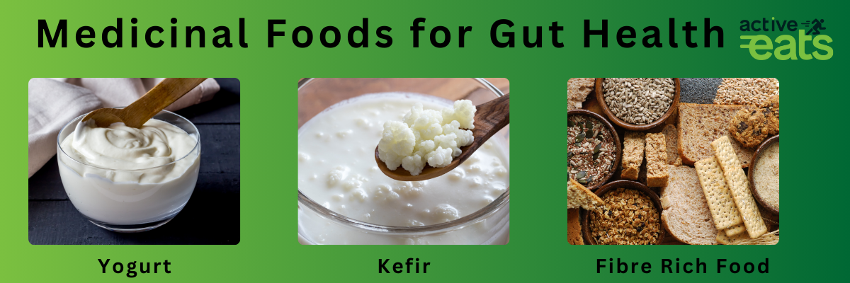 picture showing various Medicinal Foods for Gut Health like fibre rich foods, yogurt and kefir