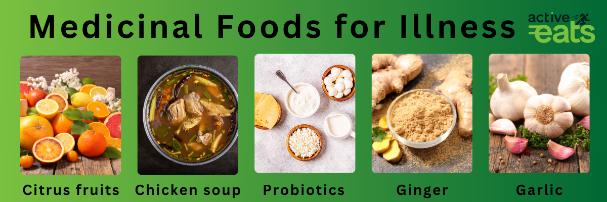 picture showing various medicinal foods for illness like citrus fruits, chicken soup, probiotic foods, ginger and garlic