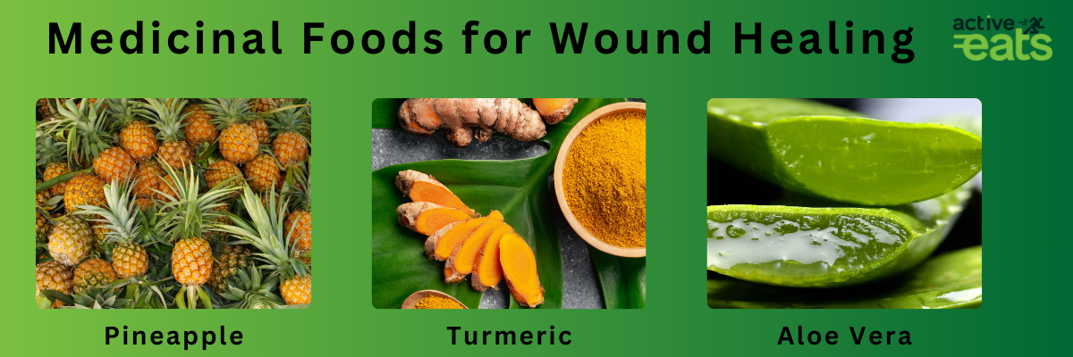 picture showing various medicinal foods for wound healing like bone broth, pineapple, and leafy greens
