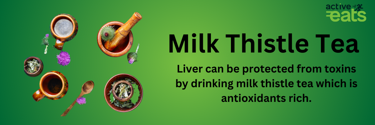 Image showing Milk Thistle Tea on left side and its benefits on right side that it can protect Liver from toxins as it is antioxidants rich.