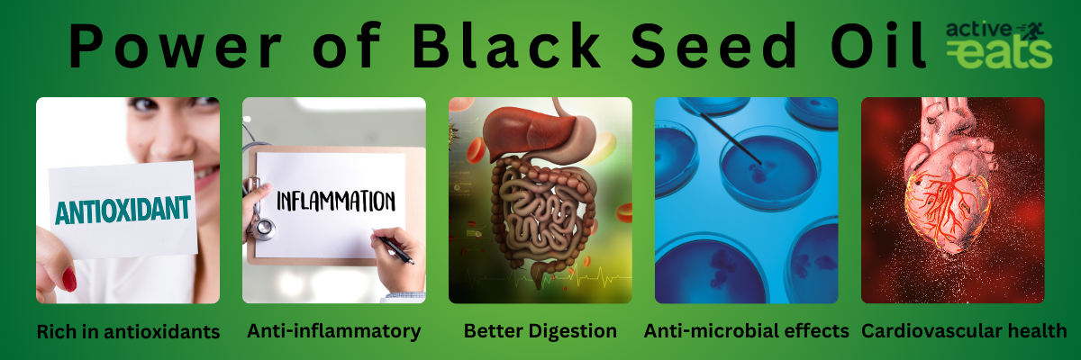 Picture shows the beneficial power of black seed oil which are healthy cardiovascular health, better digestion, anti microbial effect, anti inflammatory effect and Rich in antioxidants