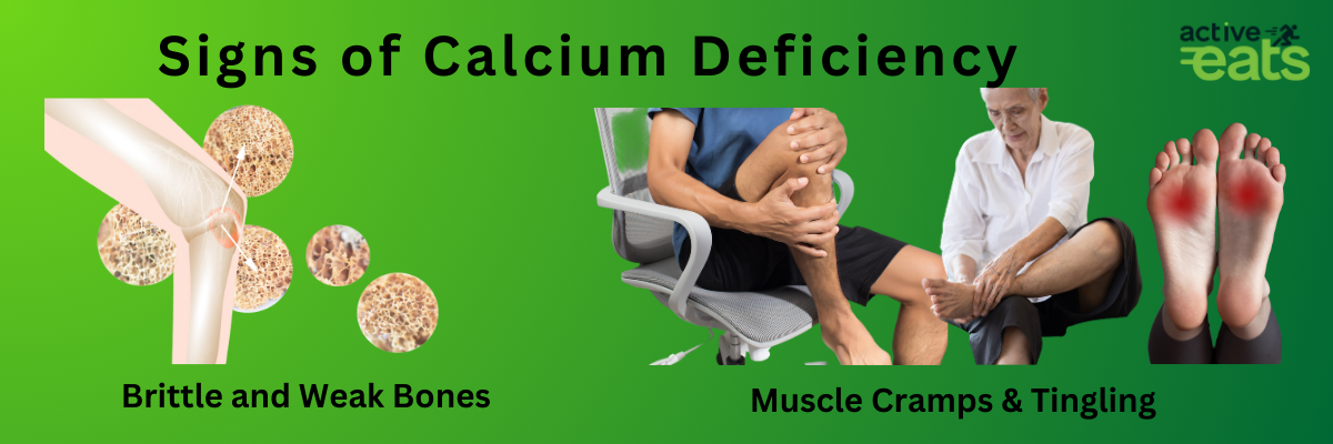Picture shows common signs of calcium deficiency which are muscle cramps and tingling, along with weak and brittle bones