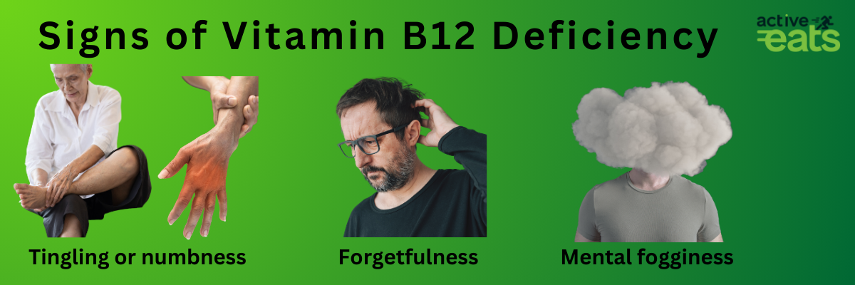 Picture shows common signs of Vitamin B12 deficiency which are loss of hairs and forgetfulness and brain fog