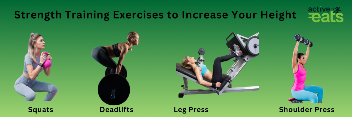 Pictures shows 4 exercises that may help to increase your height. These strength training exercises are deadlifts, leg press, squats, and Shoulder Press