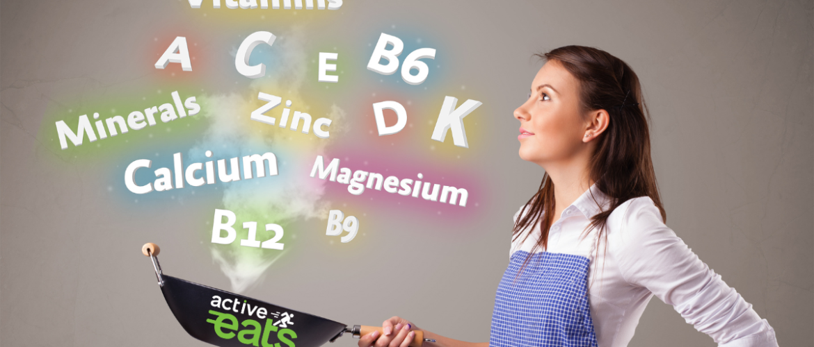 Image showing a lady with a frying pan i hand and lots of vitamins and minerals symbols coming out of the pan.