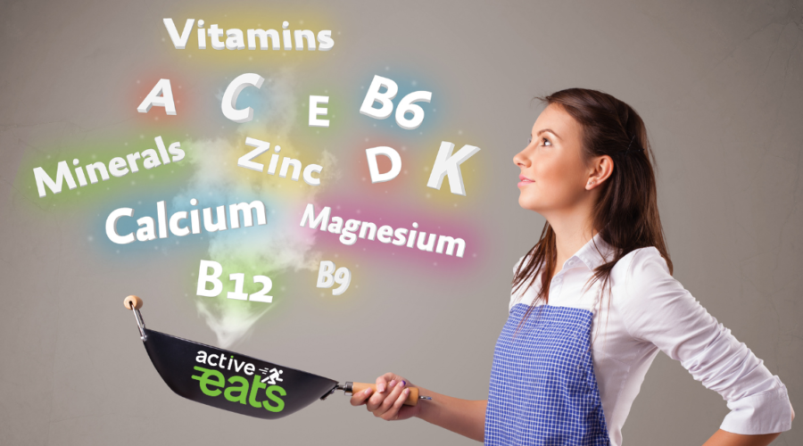Image showing a lady with a frying pan i hand and lots of vitamins and minerals symbols coming out of the pan.